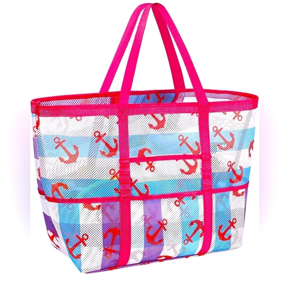 Mesh Beach Bag Tote Bag for Women, Foldable Swim Large Beach Tote Bag with Zippe